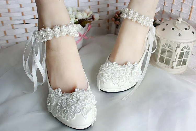 Lace Pearls Pointed Toes Women Wedding Shoes With Ribbons Lace Up, S018