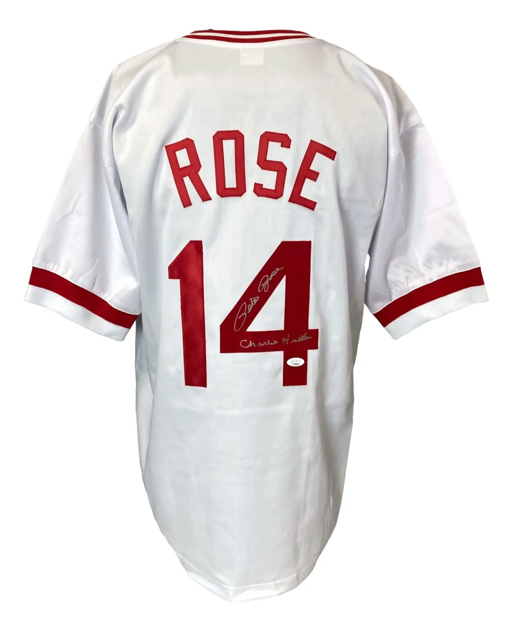 Pete Rose Cincinnati Signed White Baseball Jersey Charlie Hustle JSA Hologram