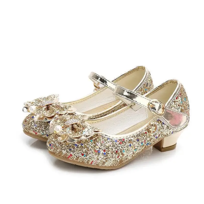 Princess Butterfly Leather Shoes Kids Diamond Bowknot High Heel Children Girl Dance Glitter Shoes Fashion Girls Party Dance Shoe