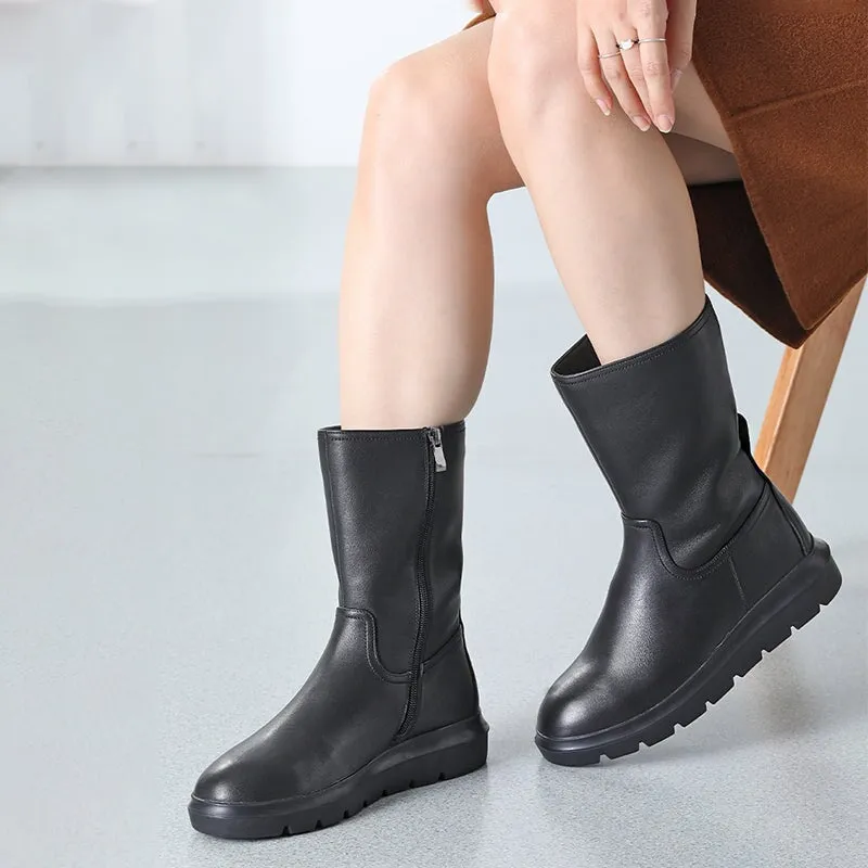 Retro Leather Mid Calf Boots for Cold Winter Classic Boots Black Handmade Short Plush Lining