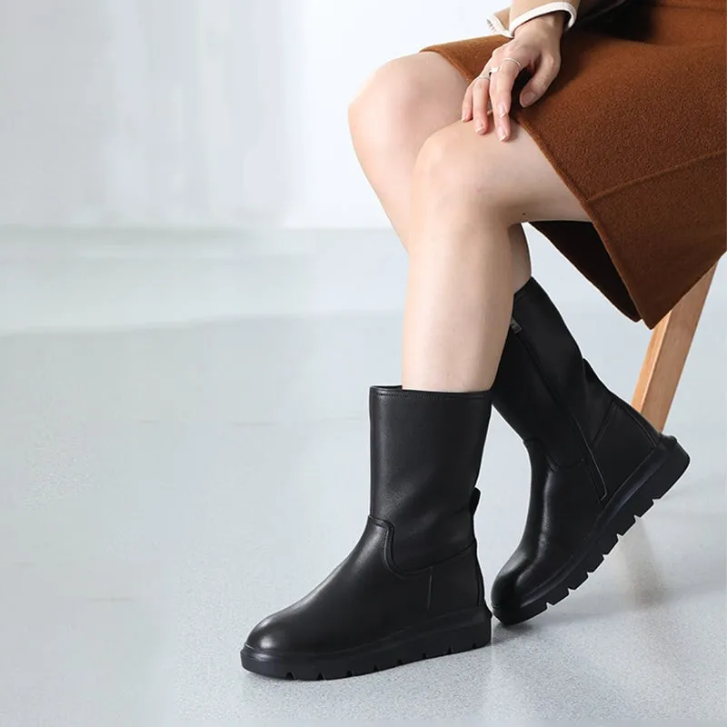 Retro Leather Mid Calf Boots for Cold Winter Classic Boots Black Handmade Short Plush Lining