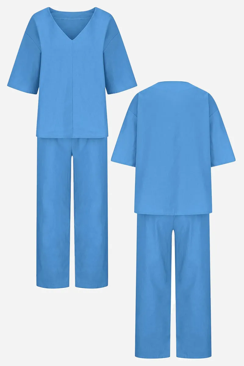 V-neck Cotton Two-Piece Trouser Set