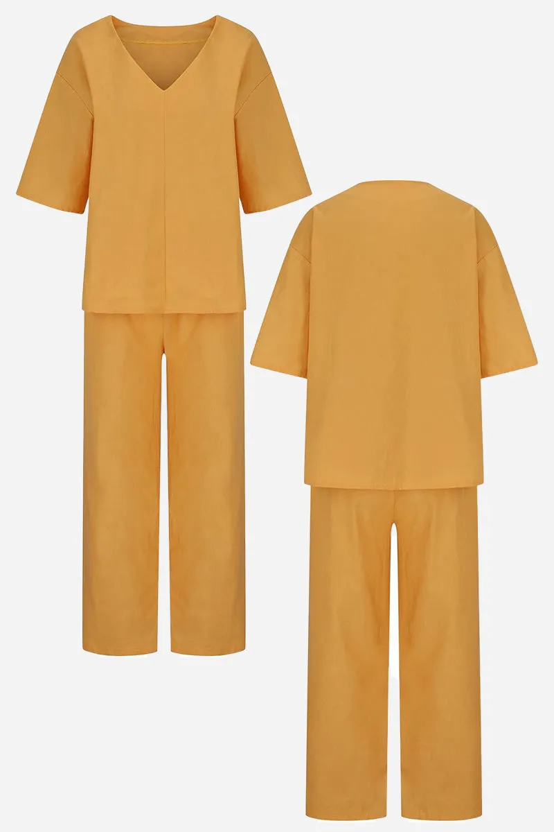 V-neck Cotton Two-Piece Trouser Set