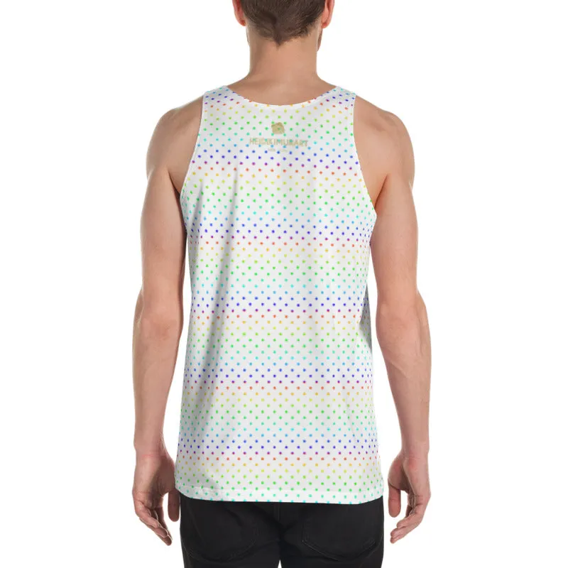 White Polka Dot Tank Top, Rainbow Print Gay Pride Gay Men Unisex Tank Top- Made in USA