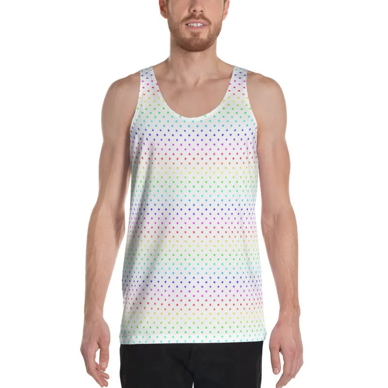 White Polka Dot Tank Top, Rainbow Print Gay Pride Gay Men Unisex Tank Top- Made in USA