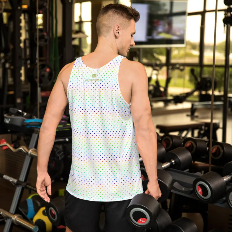 White Polka Dot Tank Top, Rainbow Print Gay Pride Gay Men Unisex Tank Top- Made in USA