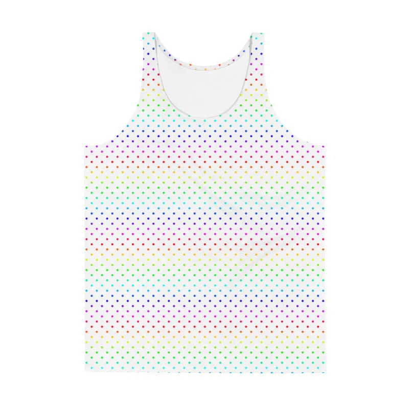 White Polka Dot Tank Top, Rainbow Print Gay Pride Gay Men Unisex Tank Top- Made in USA