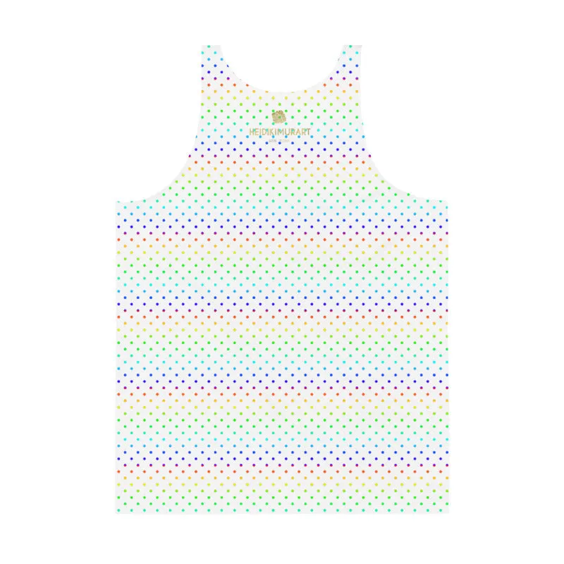 White Polka Dot Tank Top, Rainbow Print Gay Pride Gay Men Unisex Tank Top- Made in USA