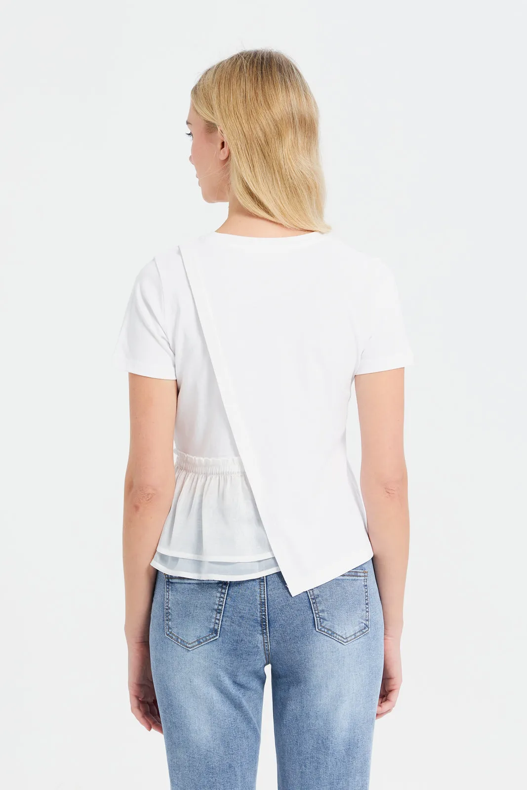 Women White Assymetric With Side Ruffle Top